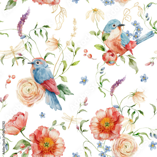 Watercolor floral seamless pattern of forget-me-not, peonies, ranunculi and song bird. Hand painted composition isolated on white background. Flowers Illustration for design, print or background.