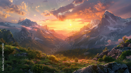 Breathtaking sunset over majestic mountain range - A picturesque landscape showcasing a stunning sunset with vibrant colors illuminating a rugged mountain range and a tranquil, blooming valley