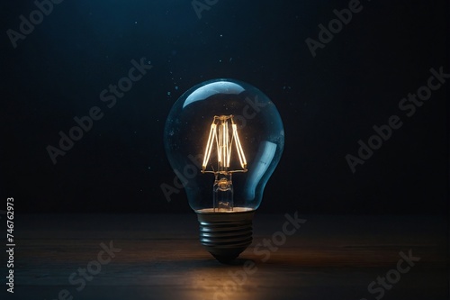 Lightbulb glowing among shutdown light bulb in dark area with copy space for creative thinking