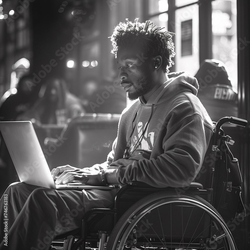 young man in wheelchair working on laptop, physically disabled person, in his wheelchair, working on a laptop photo