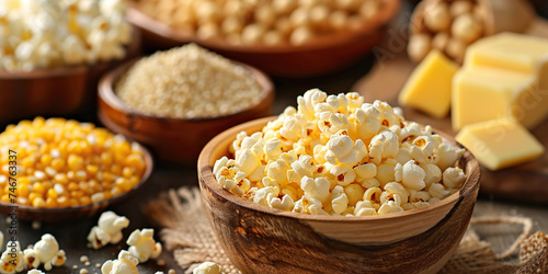 Popcorn in wooden containers, popcorn seeds and butter