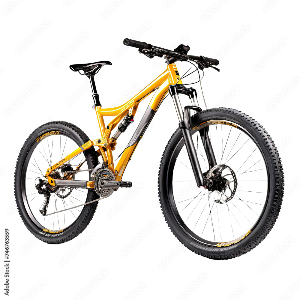 Yellow mountain bike isolated on white or transparent background