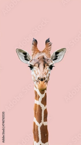 giraffe face in zoo solid color background. AI generated illustration