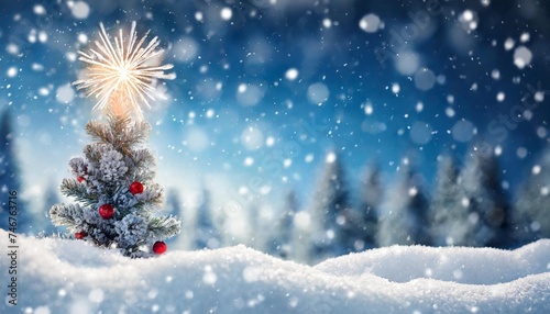 abstract winter background featuring a blurred christmas tree in a snowy landscape with a snowflake as a symbol of christmas © Javon