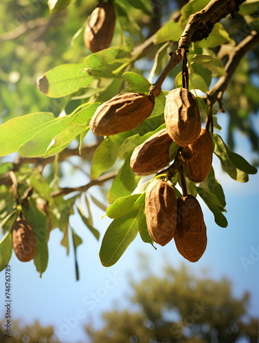 Close up of pecan nuts on a tree, blurry background 