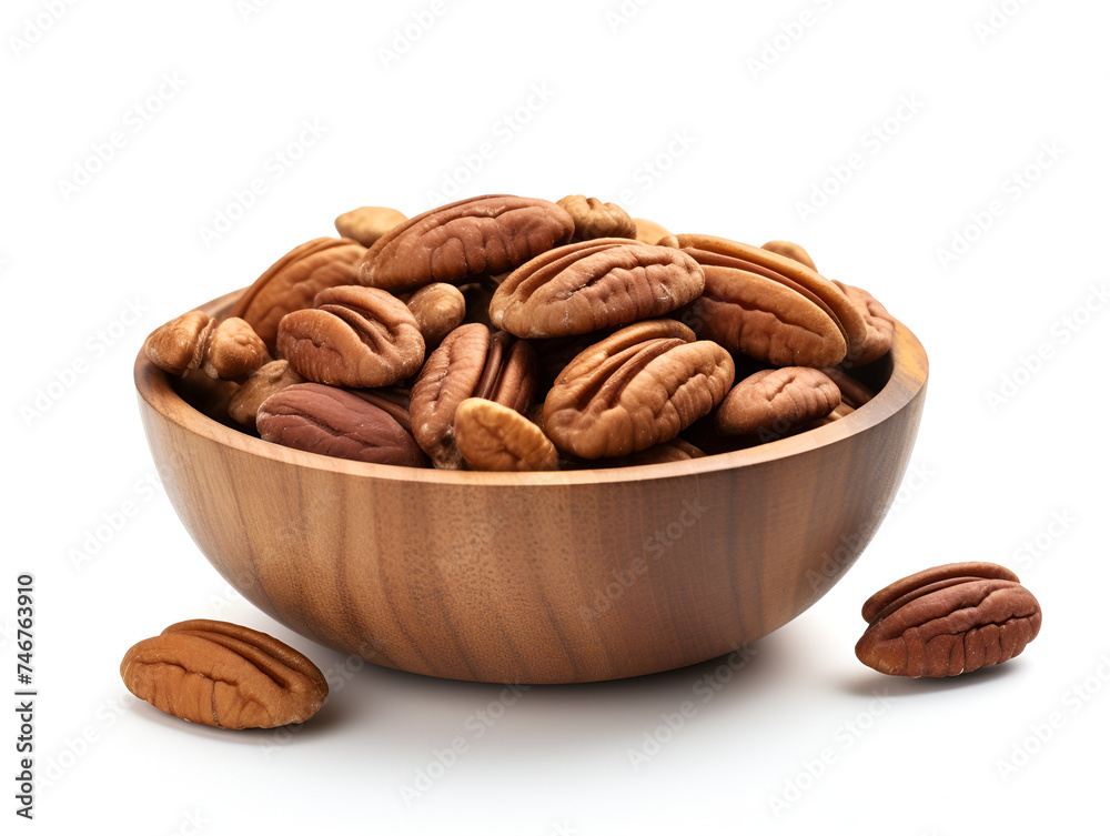 Pecan nuts in a wooden bowl on white background Pecan nuts in a wooden bowl on white background