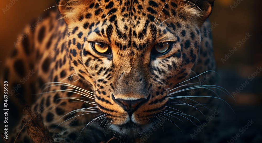 Produce a dynamic digital  showcasing the intricate facial structure and piercing gaze of a leopard, rendered with unparalleled realism and detail. 