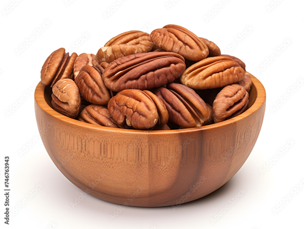 Pecan nuts in a wooden bowl on white background Pecan nuts in a wooden bowl on white background