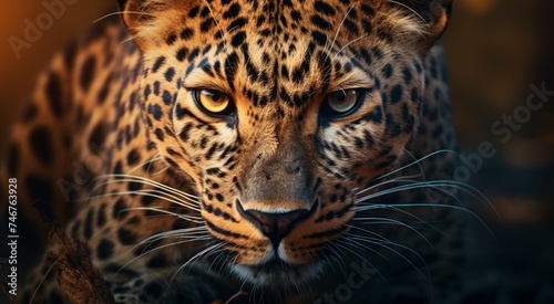 Produce a dynamic digital  showcasing the intricate facial structure and piercing gaze of a leopard, rendered with unparalleled realism and detail.  © bablu