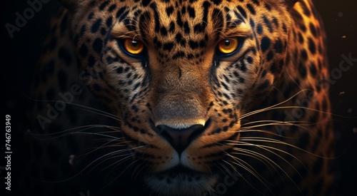 Produce a dynamic digital  showcasing the intricate facial structure and piercing gaze of a leopard  rendered with unparalleled realism and detail. 