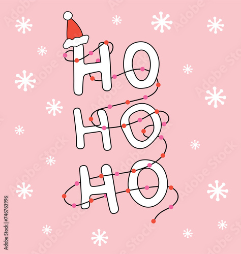 New Year background with the inscription hohoho on a pink background with a hat and garland
