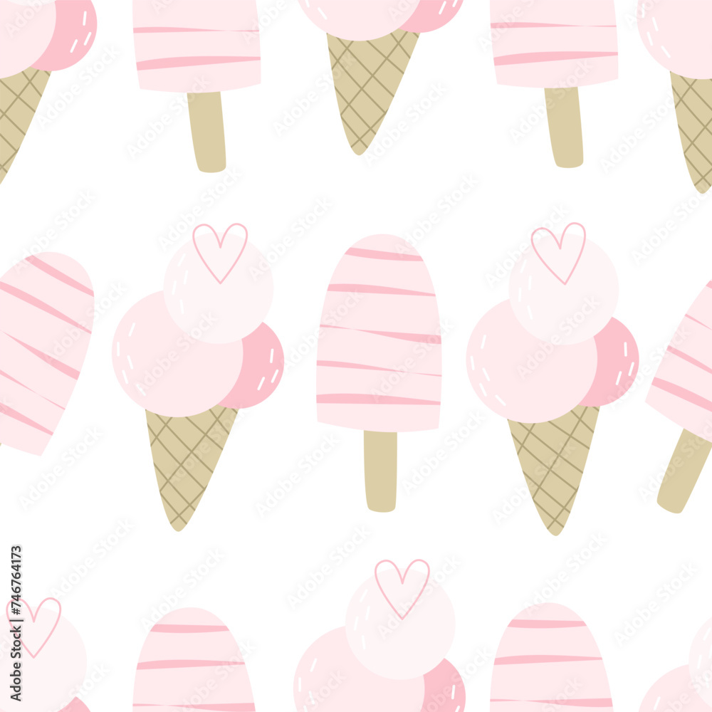 summer seamless pattern with cartoon ice cream. colorful vector for kids, hand drawing flat style. baby design for fabric, print, textile, wrapper