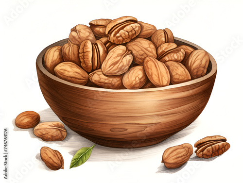 Illustration of pecan nuts in a bowl, white background 