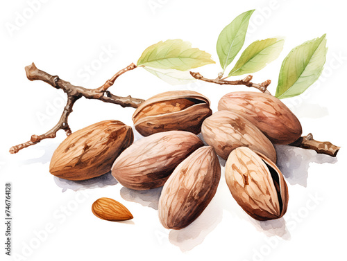 Watercolor illustration of pecan nuts on a branch, white background 