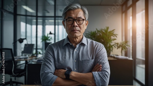 Portrait of serious confident asian man inside office at workplace, businessman in shirt with wrinkled hands and glasses looking at camera, mature boss, financier accountant Older person day