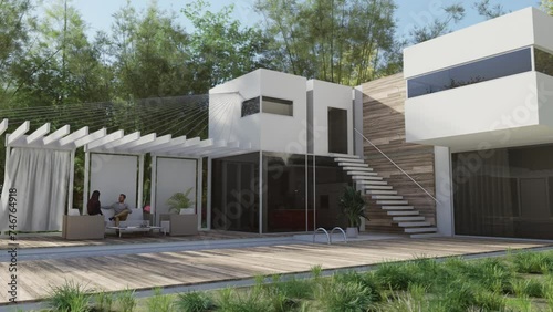 House exterior with a pool and a sitting area with a pergola animation photo