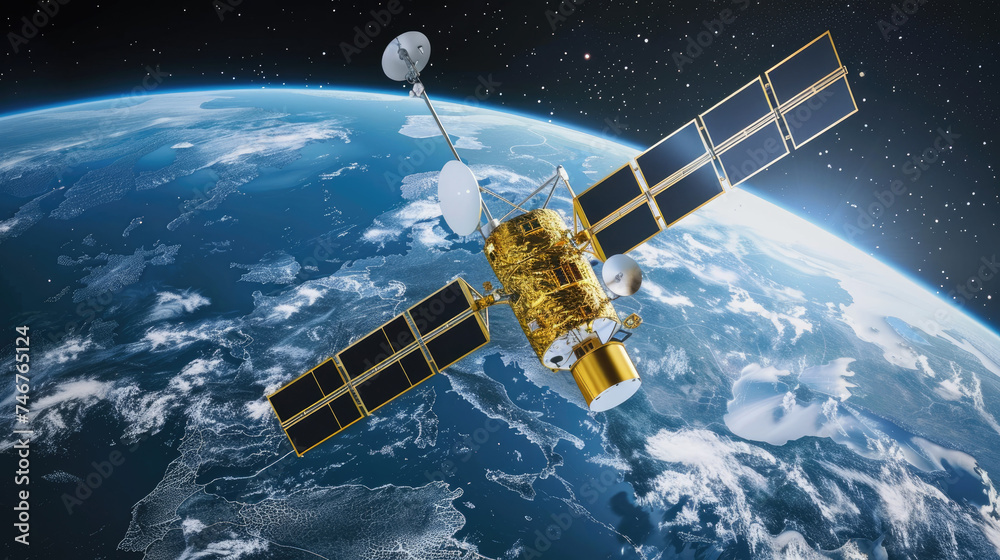 Communications satellite over Earth's atmosphere - A high-tech communications satellite in orbit with detailed solar panels and dish antennas reflecting sunlight Communications satellite over Earth's atmosphere - A high-tech communications satellite in orbit with detailed solar panels and dish antennas reflecting sunlight