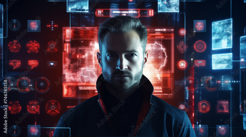 Innovative technologies. Portrait of a handsome young man in a dark coat standing in front of a futuristic interface with HUD icons. generativa IA Innovative technologies. Portrait of a handsome young man in a dark coat standing in front of a futuristic interface with HUD icons. generativa IA