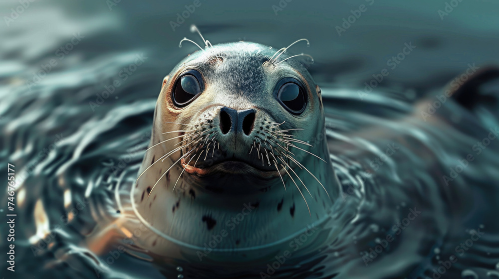 Fototapeta premium Curious seal floating in water close-up - A high-definition image captures the inquisitive expression of a seal with its head popping out of the sea water