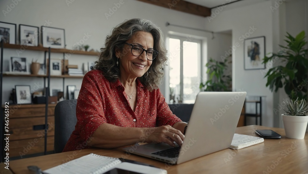 Smiling mature Hispanic woman engaged in a video call on her smartphone while working with a laptop in a bright home office Mother's day Women's day Smiling mature Hispanic woman engaged in a video call on her smartphone while working with a laptop in a bright home office Mother's day Women's day