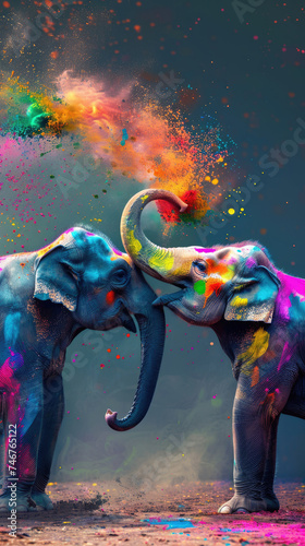 Colorful powder explosion on elephants - A pair of elephants stand trunk to trunk in a vibrant explosion of rainbow-colored powder, symbolizing joy