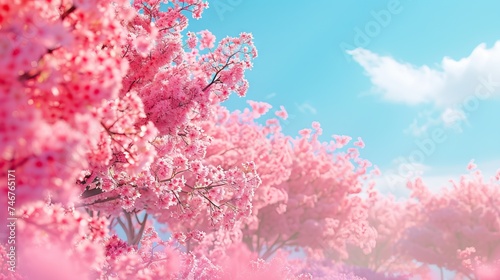 Spring banner, branches of blossoming cherry against background of blue sky and butterflies on nature outdoors. Pink sakura flowers, dreamy romantic image spring. AI generated illustration
