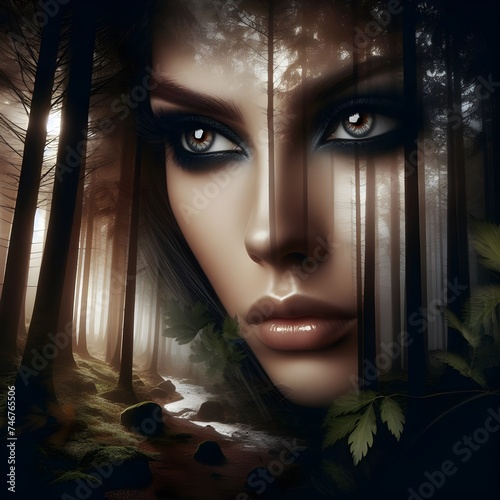 Fantasy portrait of a beautiful woman in the dark  forest.