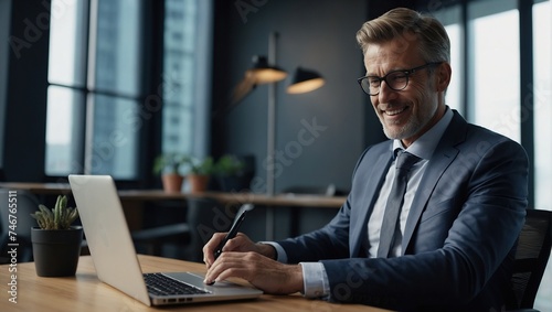 Successful satisfied businessman at workplace, boss in business suit typing on laptop keyboard, financier smiling, preparing sales report, experienced mature investor inside office at workplace