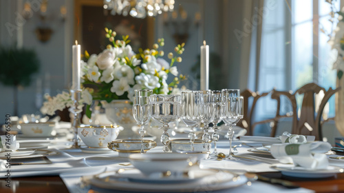Elegant table setting with glassware and flowers - An exquisite table setting featuring delicate glassware and fresh flowers in a luxurious dining room
