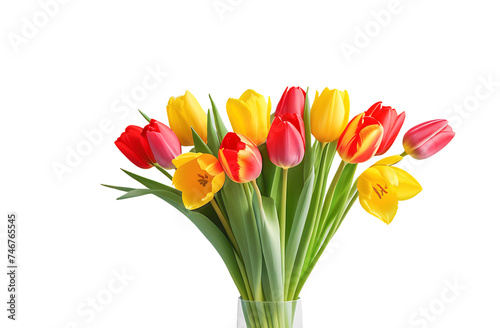 A bouquet of tulips in a transparent vase isolated on a white background