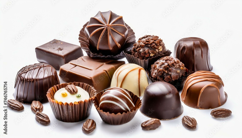 Collection of delicious chocolate pralines. Set of tasty, appetizing chocolates bonbons. Chocolate candies isolated on white background Collection of delicious chocolate pralines. Set of tasty, appetizing chocolates bonbons. Chocolate candies isolated on white background