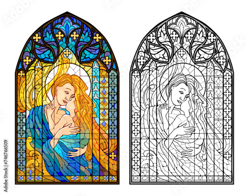 Gothic stained glass window. Illustration of the Virgin Mary and Child. Colorful and black and white drawing for coloring book. Medieval architectural style in Western Europe. Vector image.