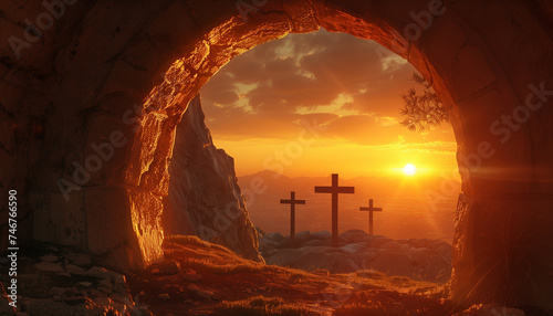Easter Sunday of Resurrection. Empty tomb of Jesus with the three crosses of Calvary in the distance at sunset photo