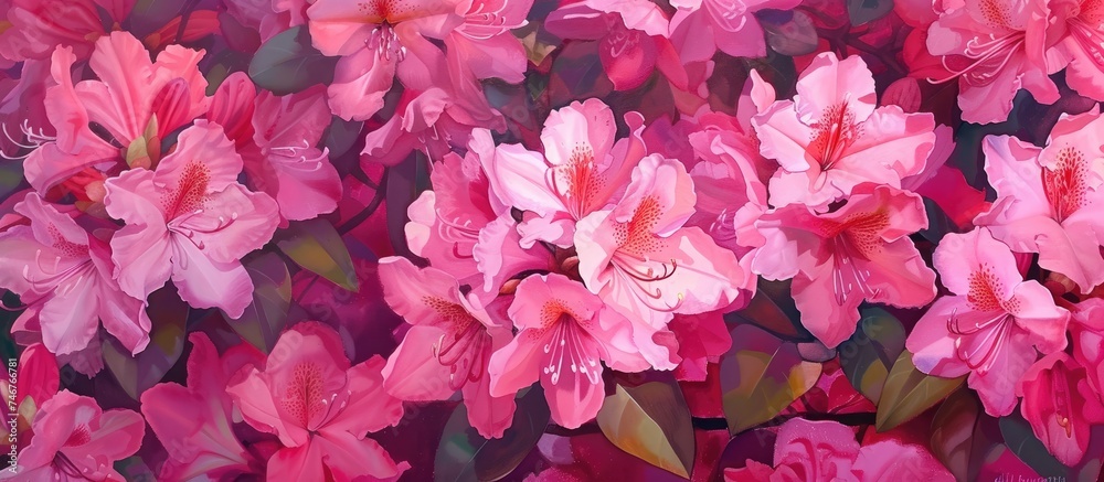 A bunch of bright pink rhododendron flowers with lush green leaves, creating a burst of vibrant color in a garden or nature setting. A bunch of bright pink rhododendron flowers with lush green leaves, creating a burst of vibrant color in a garden or nature setting.