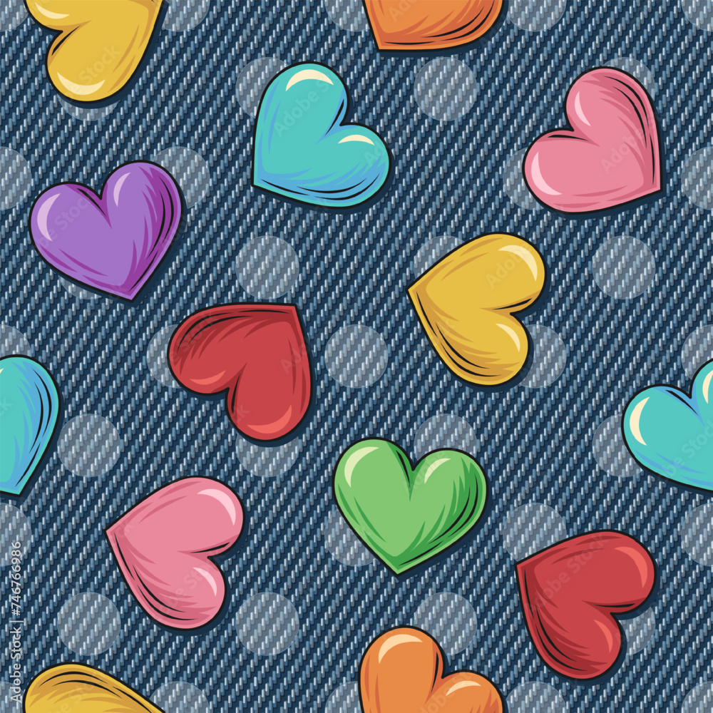 Summer denim pattern with colorful hearts, polka dot ornament behind. Scattered objects on blue jeans texture. Groovy, hippie, naive style for apparel, fabric, textile, design