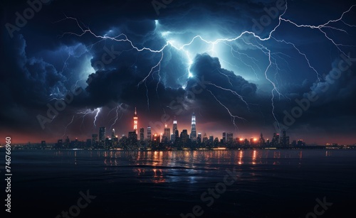 a big storm above a city, in the style of water and land fusion,