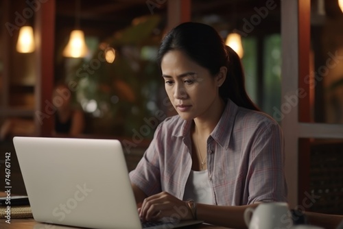 Busy serious worried Asian Japanese businesswoman freelancer woman client student business working laptop notebook typing online chat e-commerce browsing network internet inside modern restaurant cafe