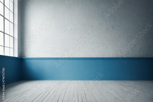 Empty room with  white brick wall, blue baseboard and window