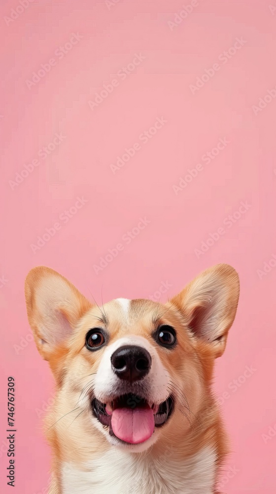 Happy pet dog holding and solid color background. AI generated illustration