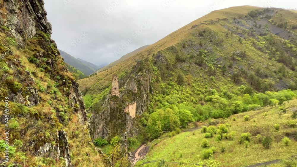 The tower complex of Vovnushki. The Republic of Ingushetia, Russia. View of the Ingush defensive towers inside the North Caucasus. 4K The tower complex of Vovnushki. The Republic of Ingushetia, Russia. View of the Ingush defensive towers inside the North Caucasus. 4K