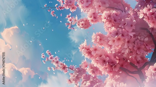 Frame of branches of blossoming cherry against background of blue sky and fluttering butterflies in spring on nature outdoors. AI generated illustration