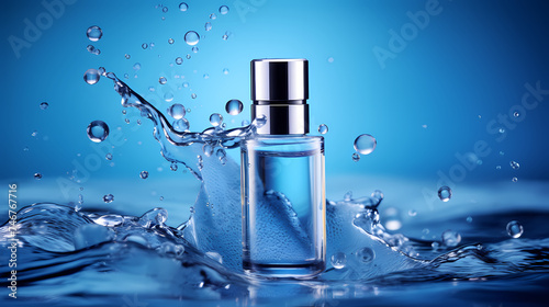 Bottle of moisturizer, hydrating face cream or skin care lotion with slashes and waves on light pastel background