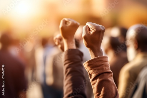 Close up unrecognizable group different people crowd protesters raised hand fist in air fighting outside sunlight sunset blurred city street copy space. Teamwork unity equality protest movement strike