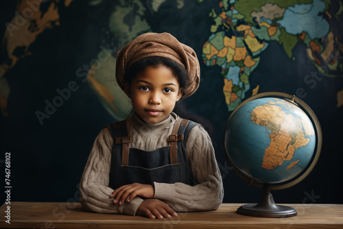 Portrait of a cute African-American girl wearing a hat and a backpack sitting at a desk in front of a world map