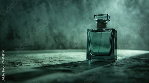 Bottle of perfume on a blue background. Fragrance presentation with daylight. Trending concept in natural materials with plant shadow. Women's and men's essence. AI generated illustration