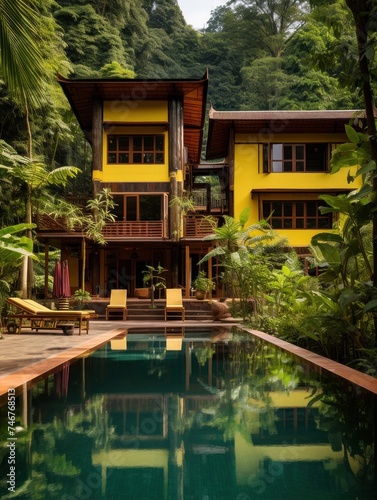 a house with a swimming pool in front of it surrounded by palm trees
