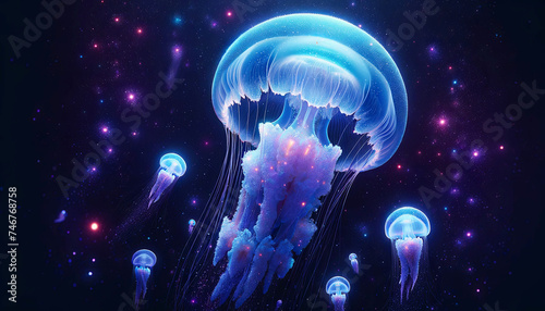 Interstellar Jellyfish Voyage: A Galactic Underwater Scene, Contemplations on Existence © Marinesea