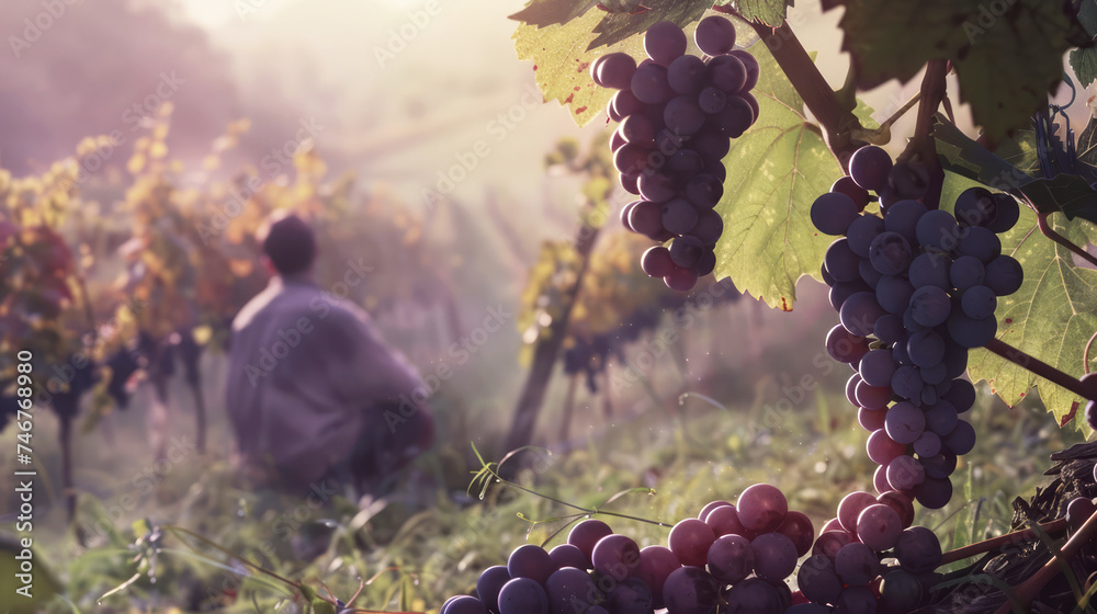 Persona che ammira i grappoli d'uva maturi e respira l'aria fresca di campagna - obrazy, fototapety, plakaty 