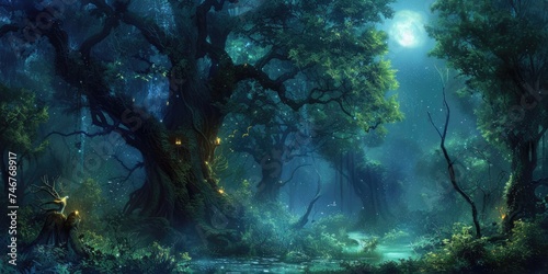 A captivating digital artwork of an enchanted forest bathed in moonlight, with magical glows and sparkling light among ancient trees. Resplendent. © Summit Art Creations