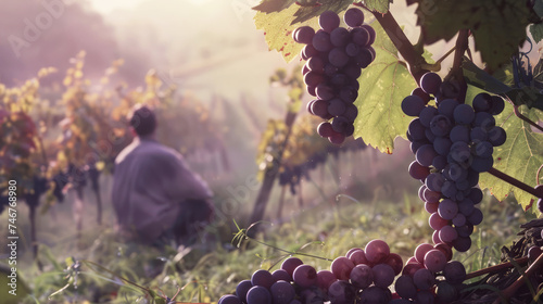 Persona che ammira i grappoli d'uva maturi e respira l'aria fresca di campagna photo